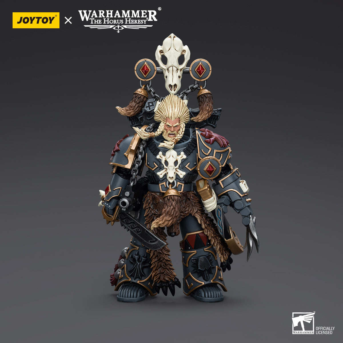 Back view of Space Wolves Geigor, the Fell-Hand, highlighting the rear of his armor, power pack, and the intricate wolf fur details.