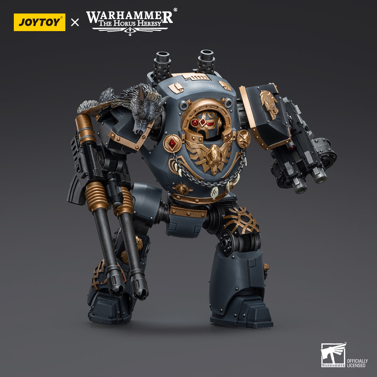 Space Wolves Contemptor Dreadnought in marching pose, advancing forward with Gravis Bolt Cannon raised, ready to engage the enemy.