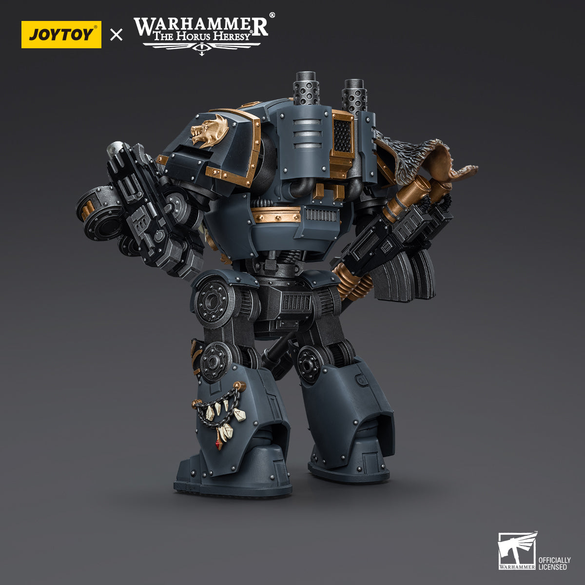 Back view of Space Wolves Contemptor Dreadnought, highlighting the rear armor details, power pack, and reinforced design of the Dreadnought.