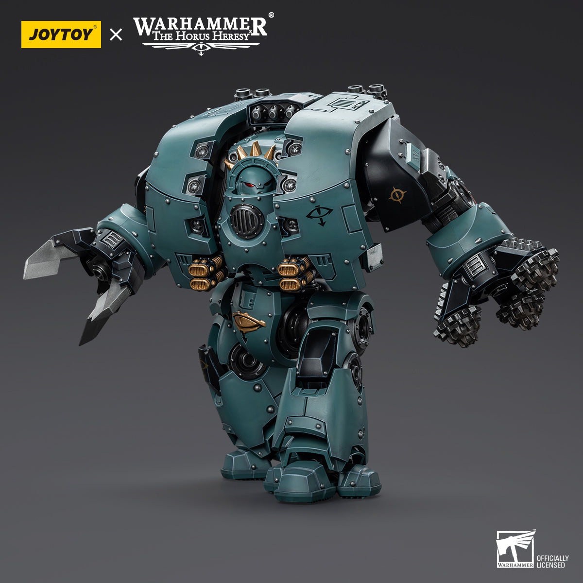 Side view of Sons of Horus Leviathan Dreadnought with Siege Drills, showcasing the profile of the Dreadnought, with siege drills raised and the armor details visible.
