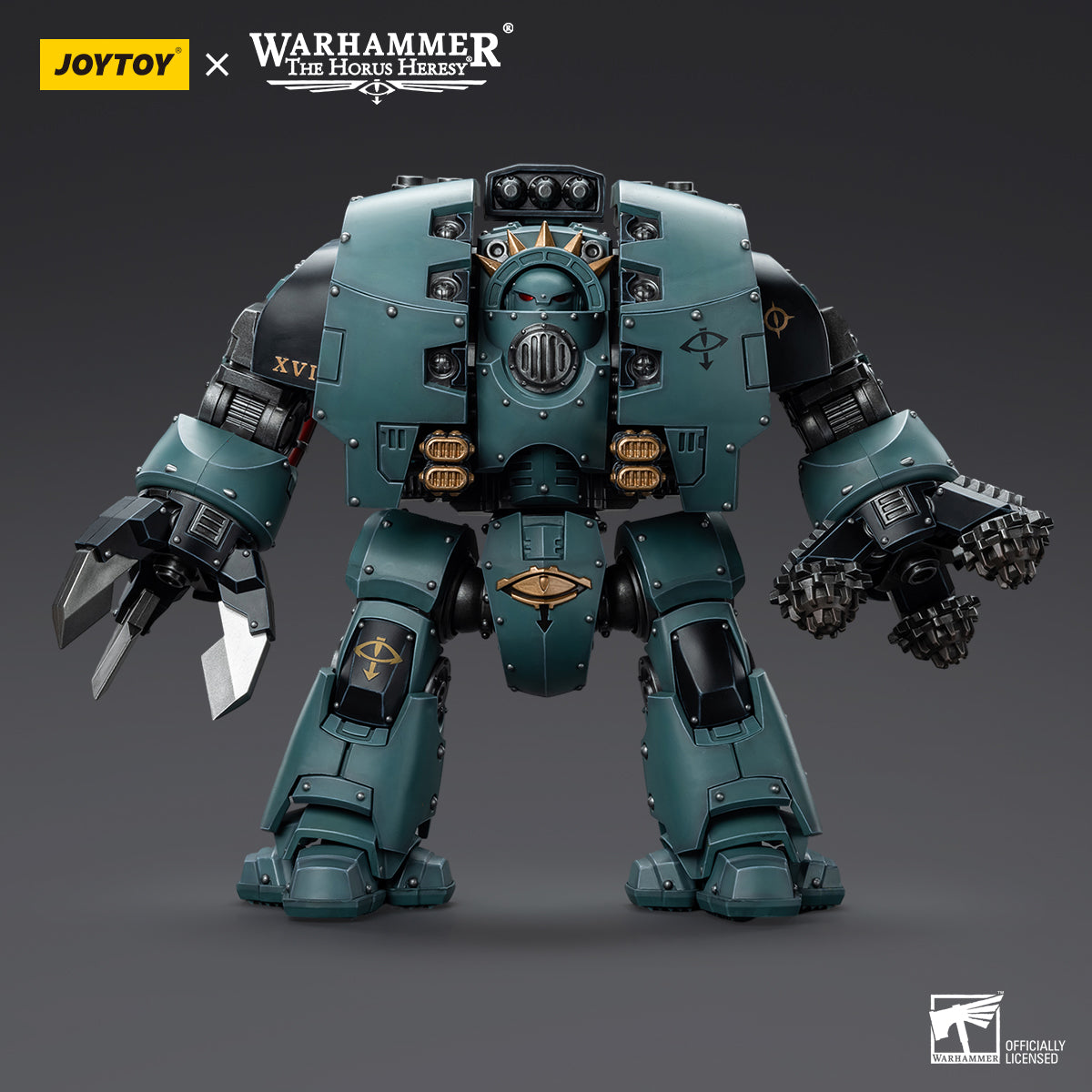 Sons of Horus Leviathan Dreadnought with Siege Drills, front view. The massive Dreadnought, equipped with two powerful siege drills, stands ready for combat, displaying the iconic Sons of Horus armor and details