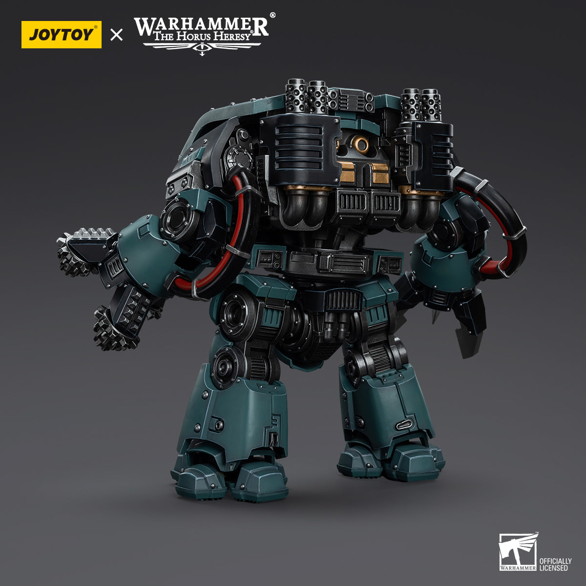 Back view of Sons of Horus Leviathan Dreadnought with Siege Drills, highlighting the rear armor, power pack, and reinforced design of the Dreadnought.
